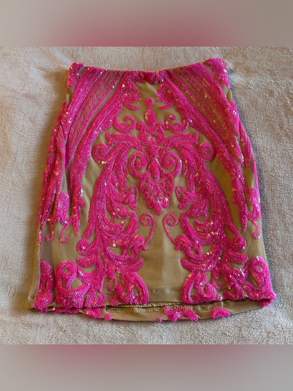 Lucy In The Sky nude mesh with hot pink sequins design bodycon mini skirt XS